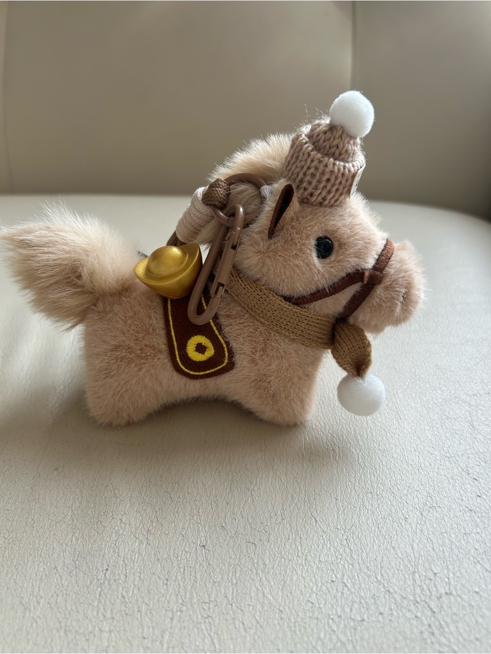 Plush Pony Keychain with Knit Hat - Beige